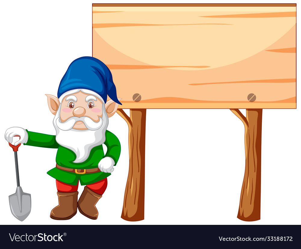 Gnome holding shovel with blank banner cartoon