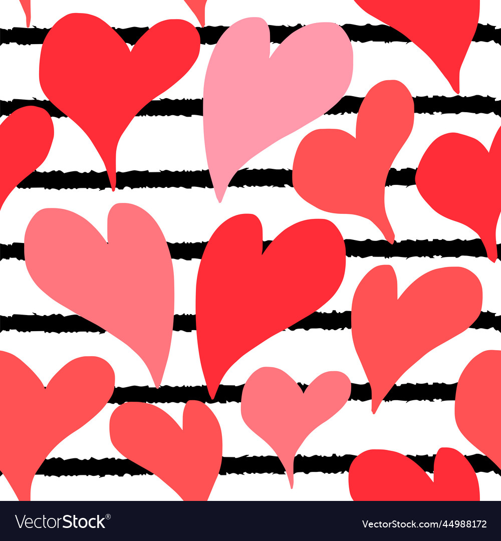 Red heart seamless pattern with striped background vector image Red heart seamless pattern with striped background