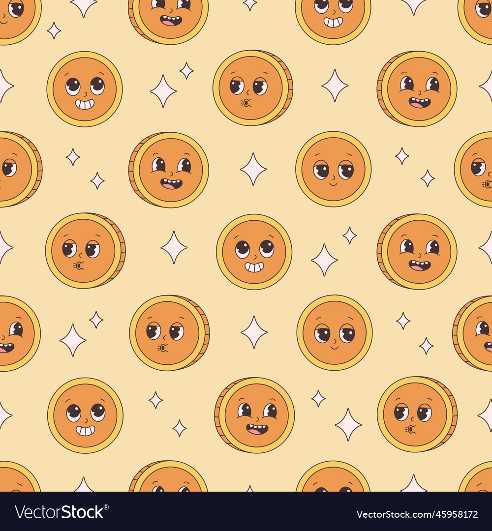 Seamless pattern with gold coin character groovy vector image Seamless pattern with gold coin character groovy