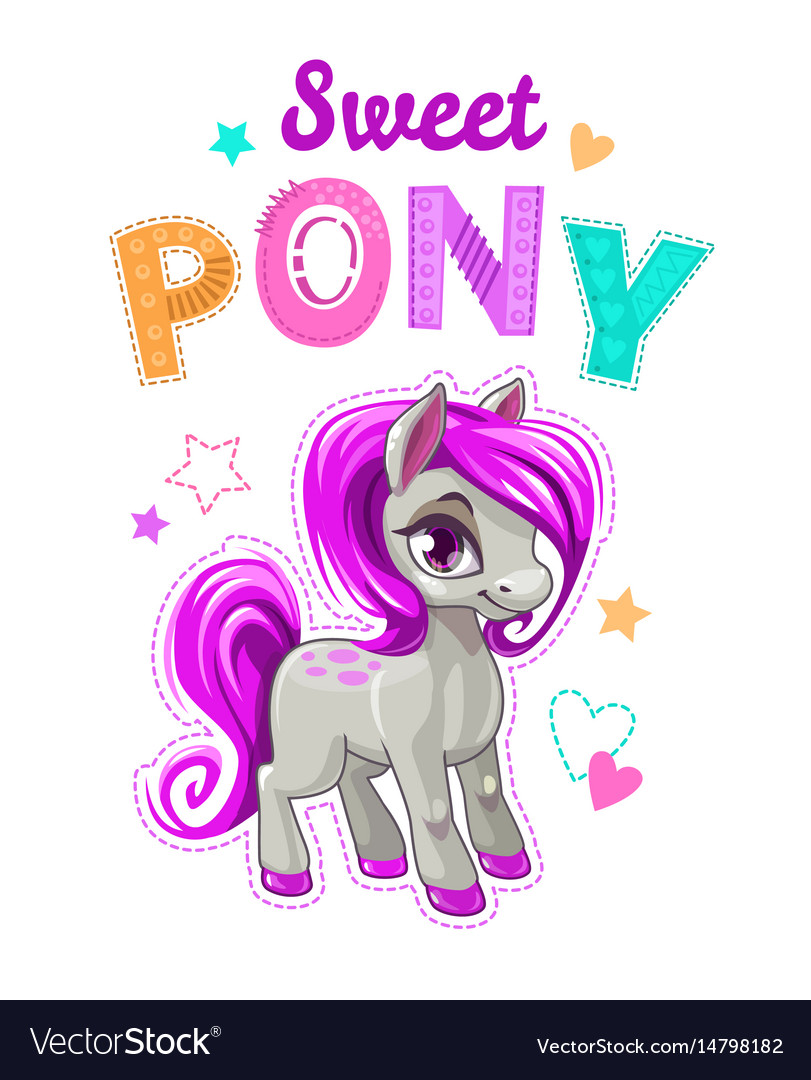 Cute cartoon little horse with purple hair