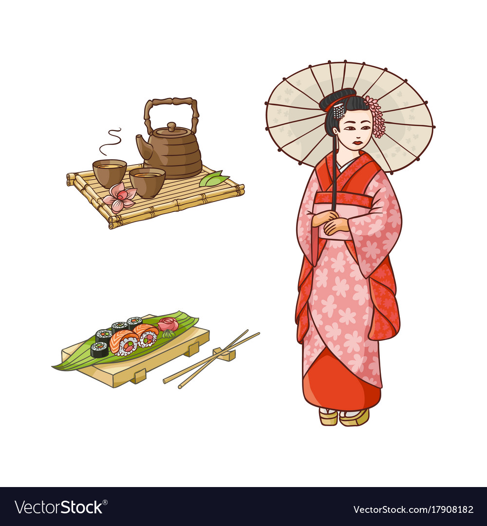 Flat geisha sushi and tea ceremony set