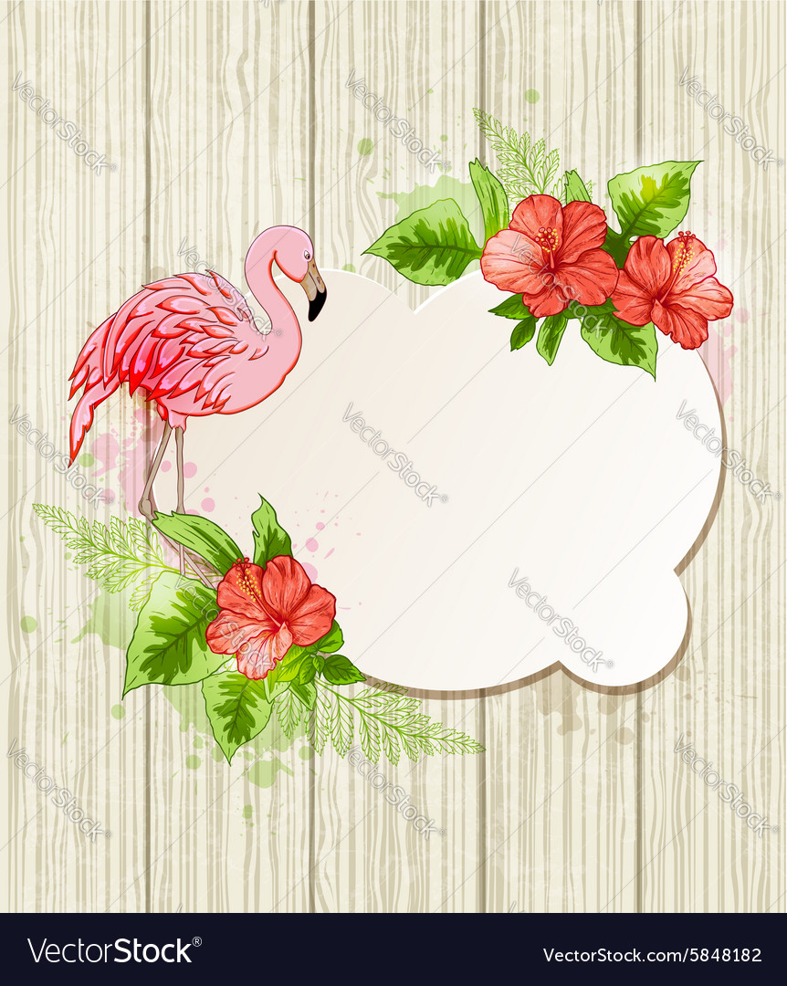 Pink flamingo with red tropical flowers