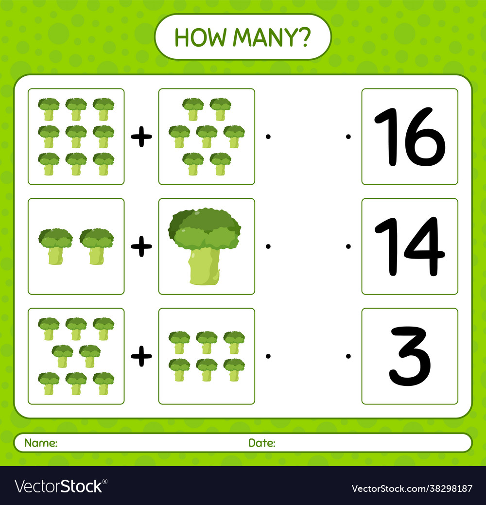 How many counting game with broccoli worksheet vector image How many counting game with broccoli worksheet