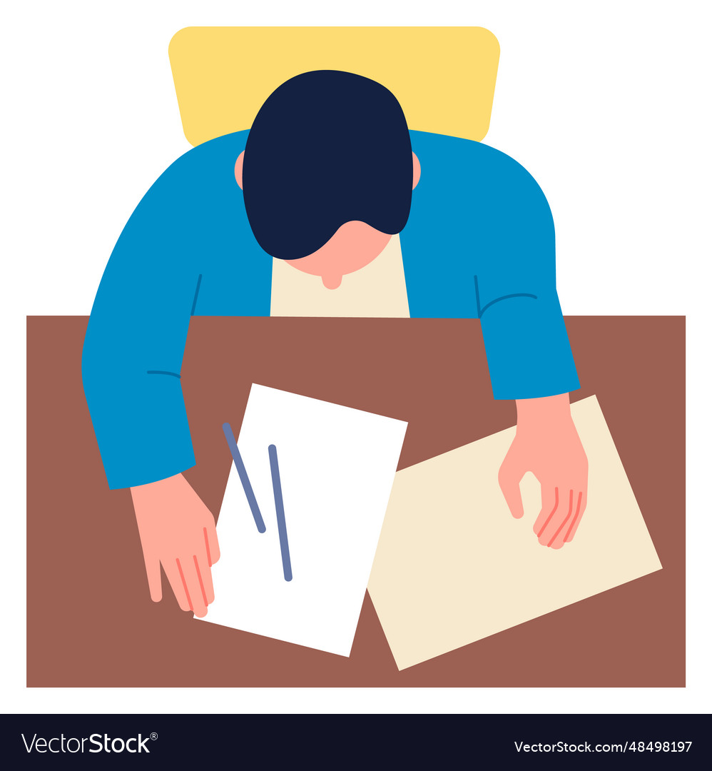 Man working at paper document on table top view vector image Man working at paper document on table top view