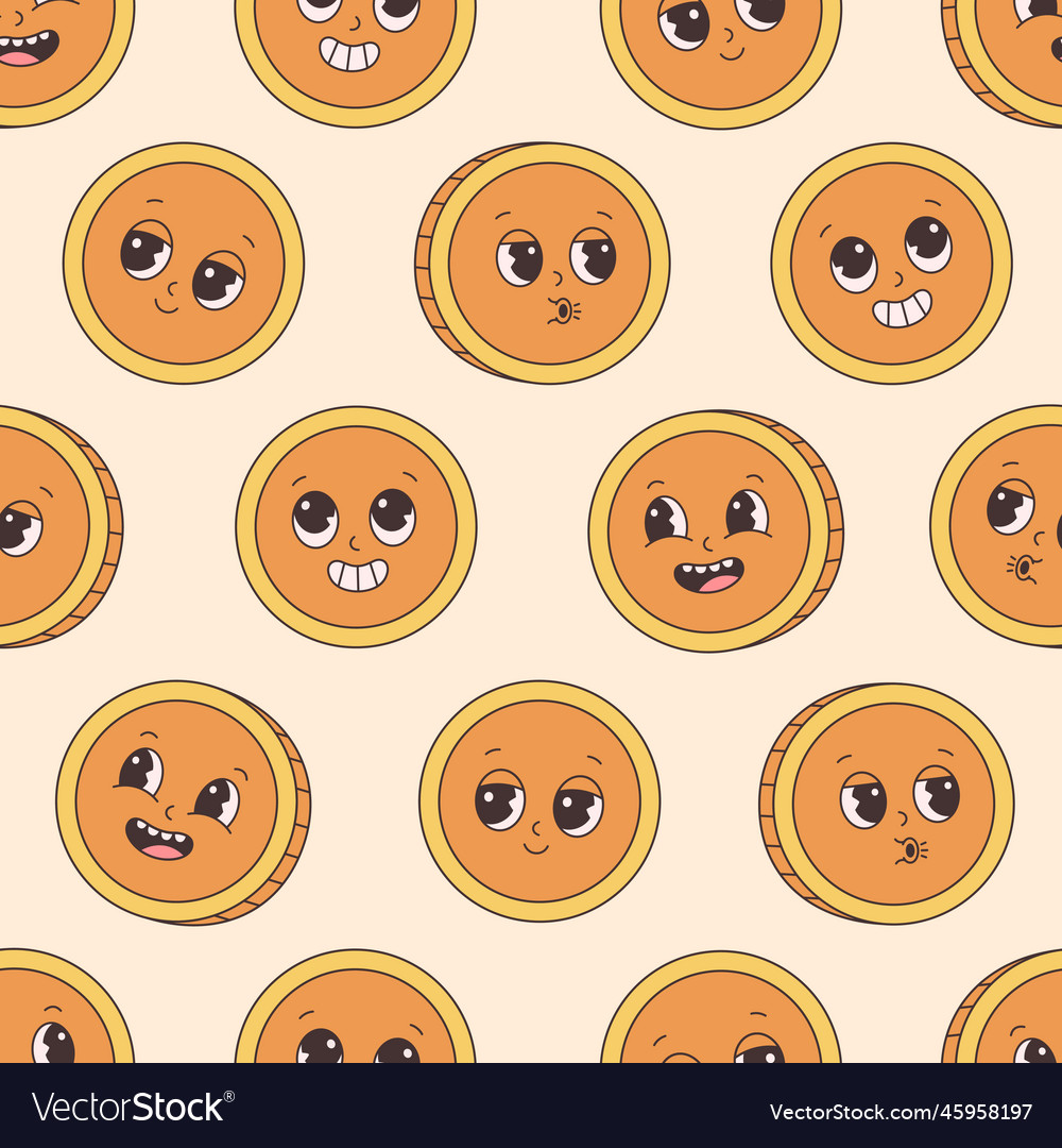 Seamless pattern with gold coin character groovy vector image Seamless pattern with gold coin character groovy