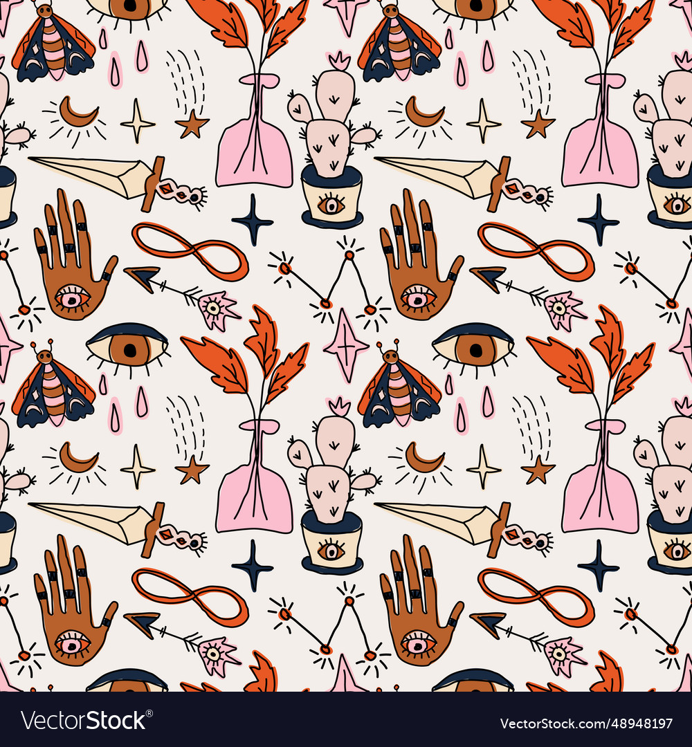 Seamless pattern with magical elements and symbols