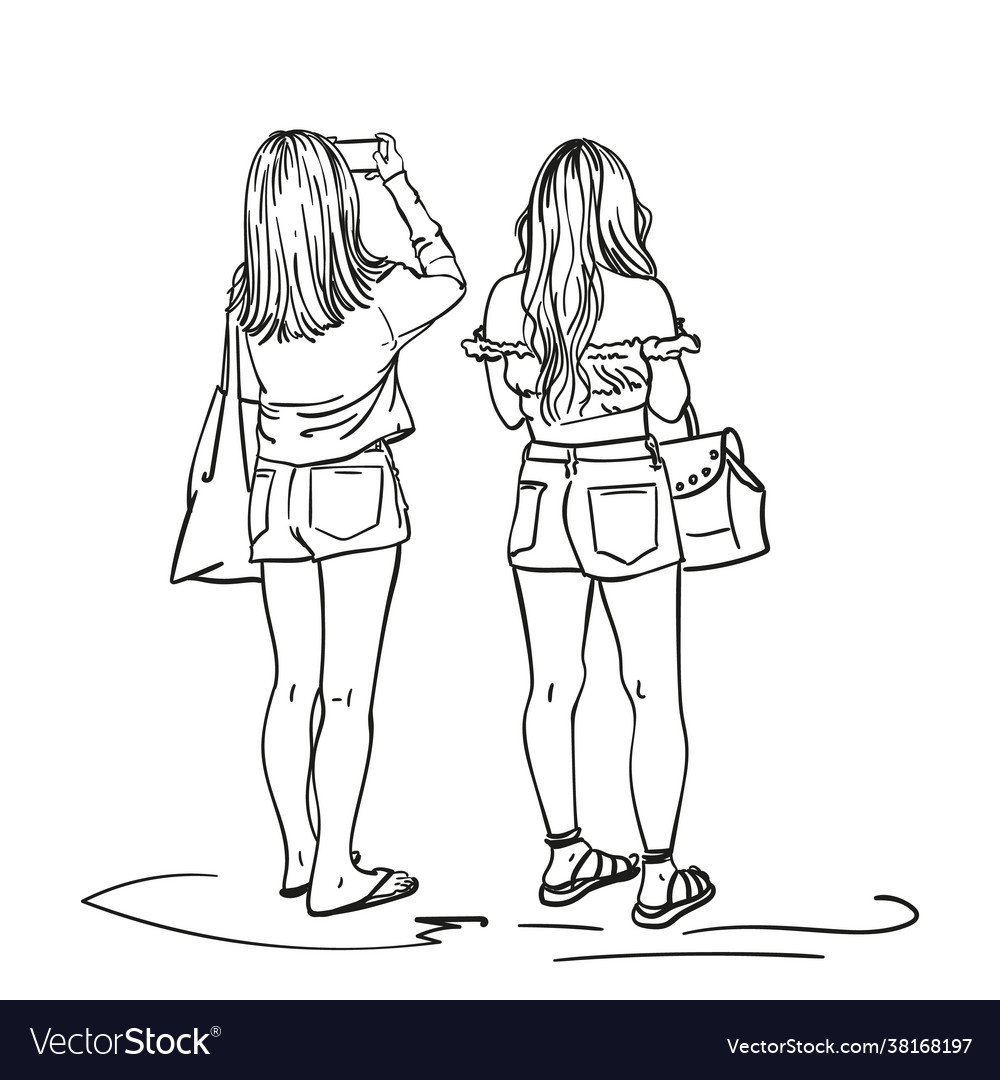 Sketch two young women in shorts with smart