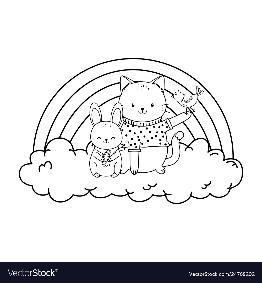 Cute cat in cloud with rainbow woodland character