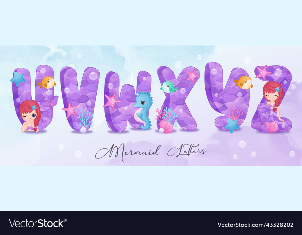 Cute mermaid alphabets part v Royalty Free Vector Image