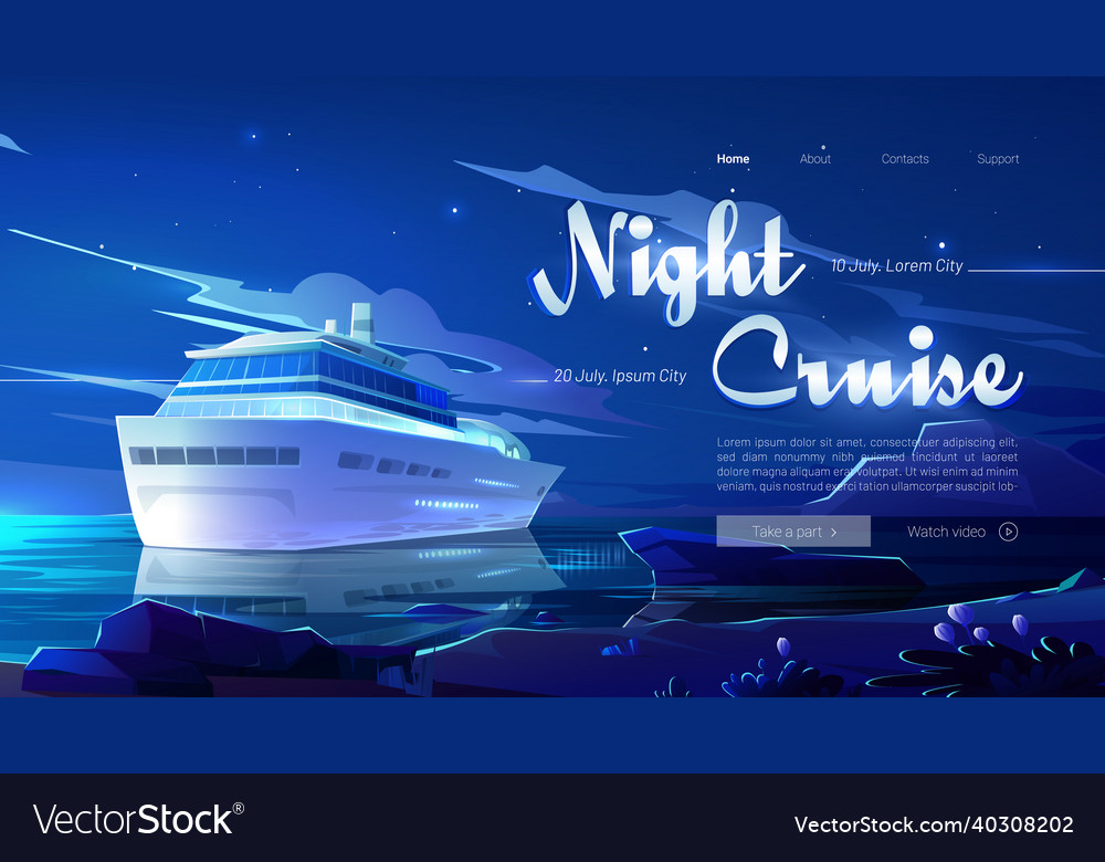 Night cruise website with ship in ocean Royalty Free Vector