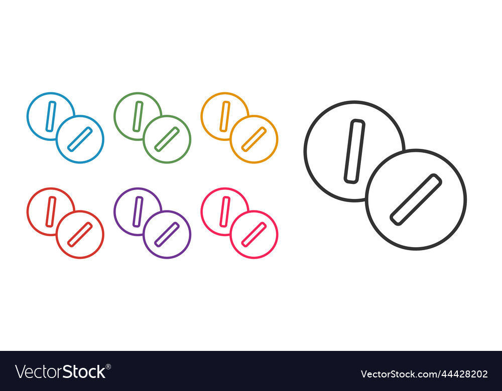 Set Linie Zahnschmerzen Schmerztablett Icon isoliert