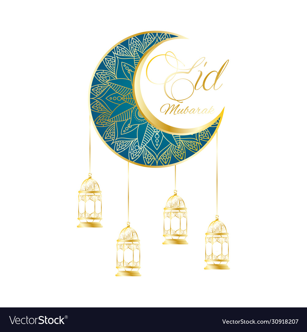 Golden moon and lanterns hanging ramadan kareem