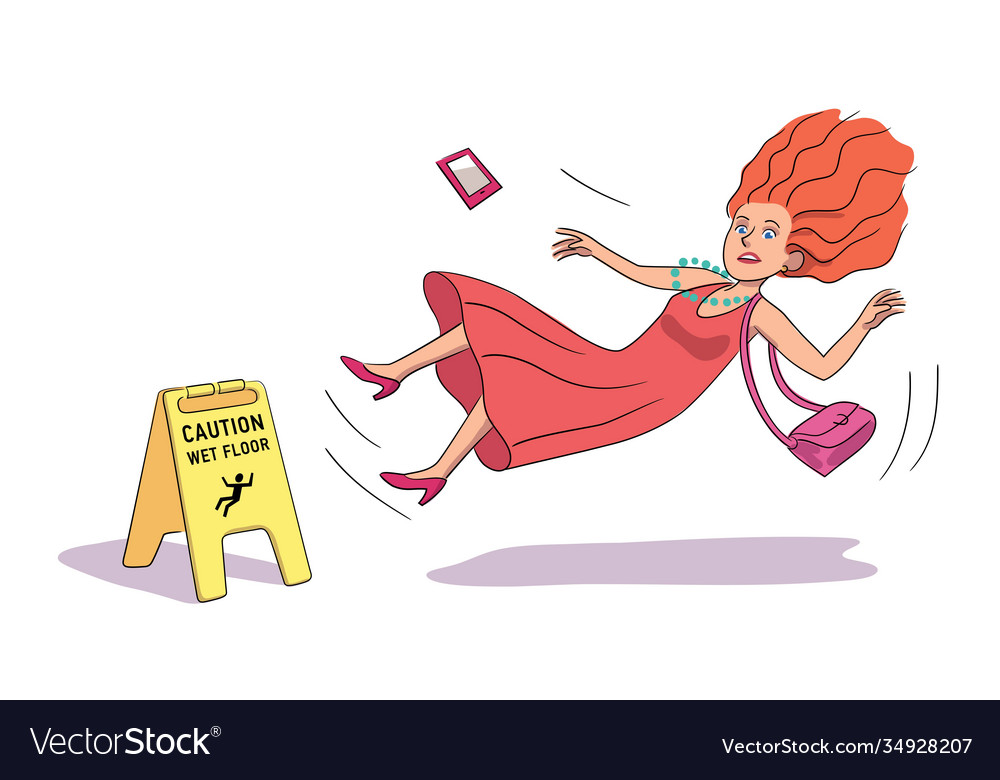 Angst Frau fallen in der Nähe Vorsicht nass Boden gelb vector image Angst Frau fallen in der Nähe Vorsicht nass Boden gelb
