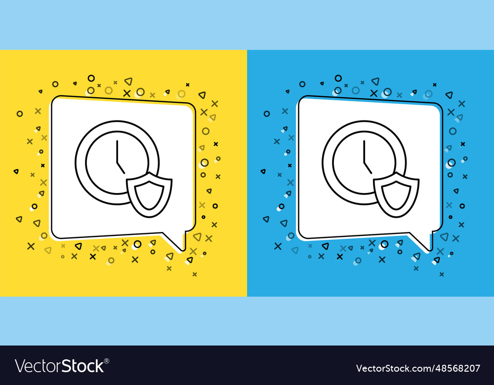Set line clock with shield icon isolated on yellow
