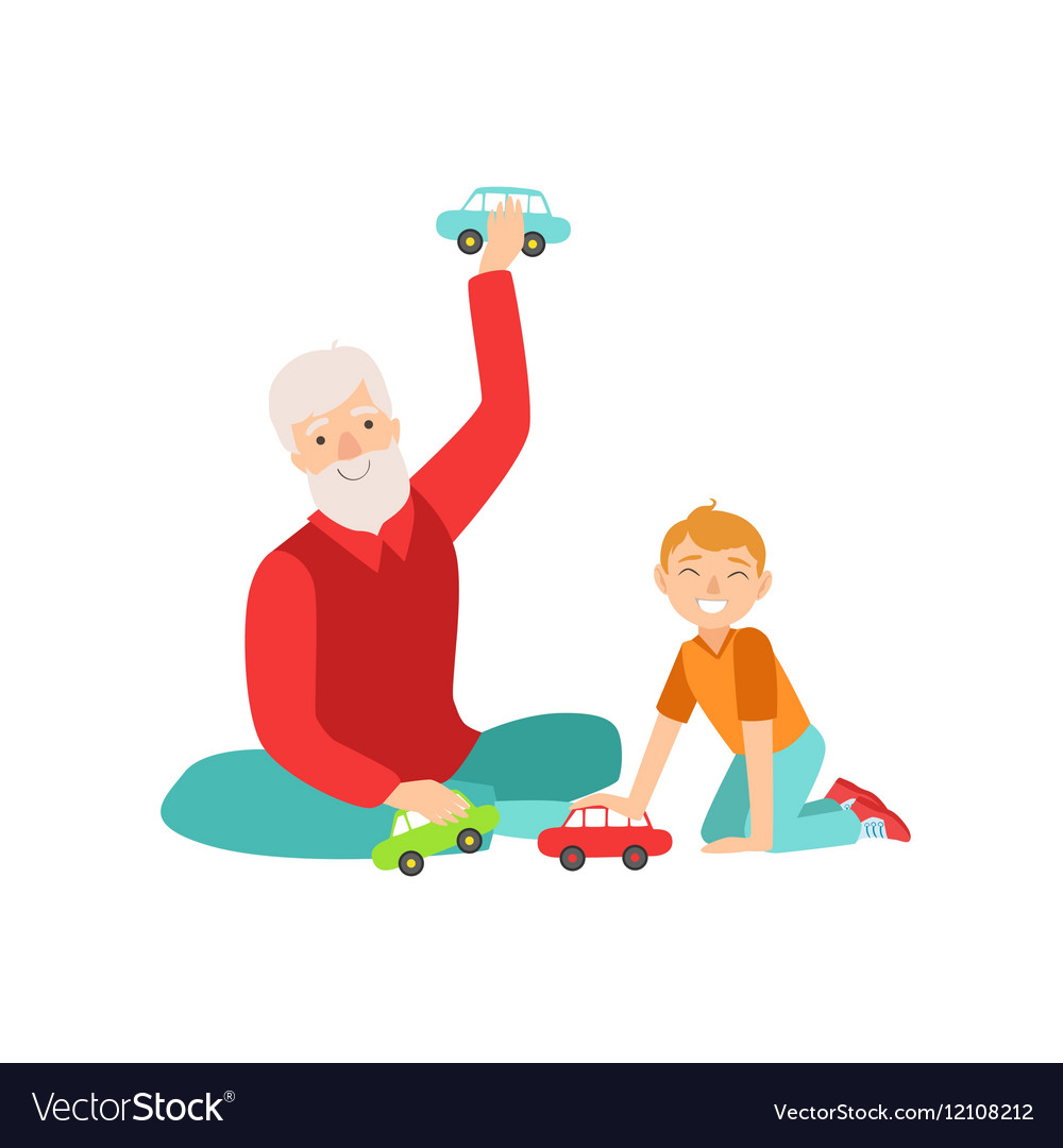 Grandfather and grandson playing toy cars part