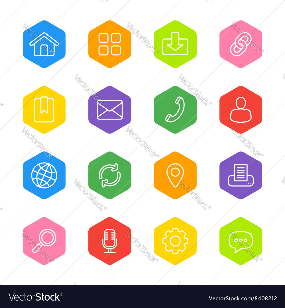 Line web icon set on colorful hexagon