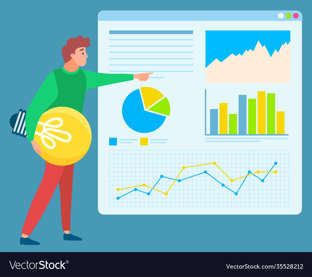 Man standing near statistics chart and looking up vector image Man standing near statistics chart and looking up