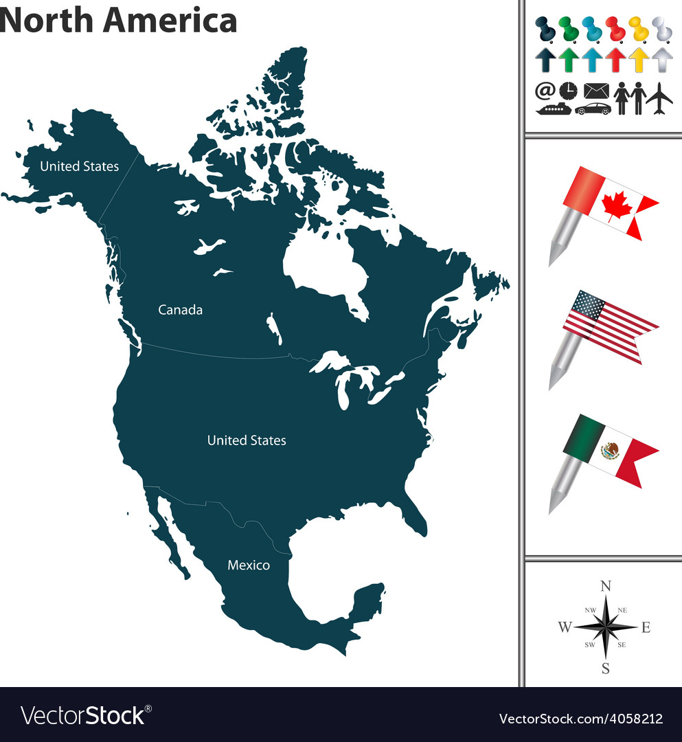 North america map with flags and regions Vector Image