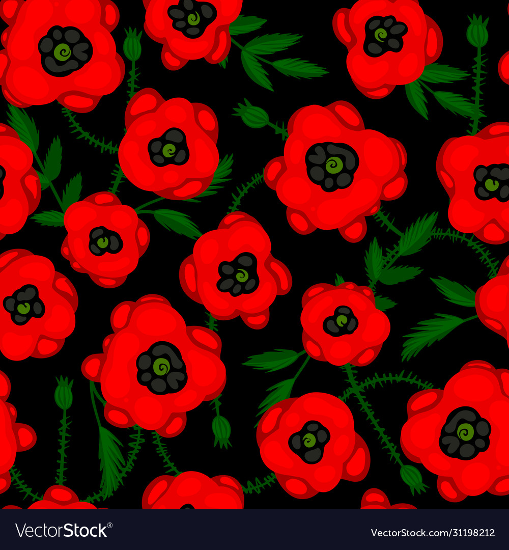Seamless pattern with poppies on black background