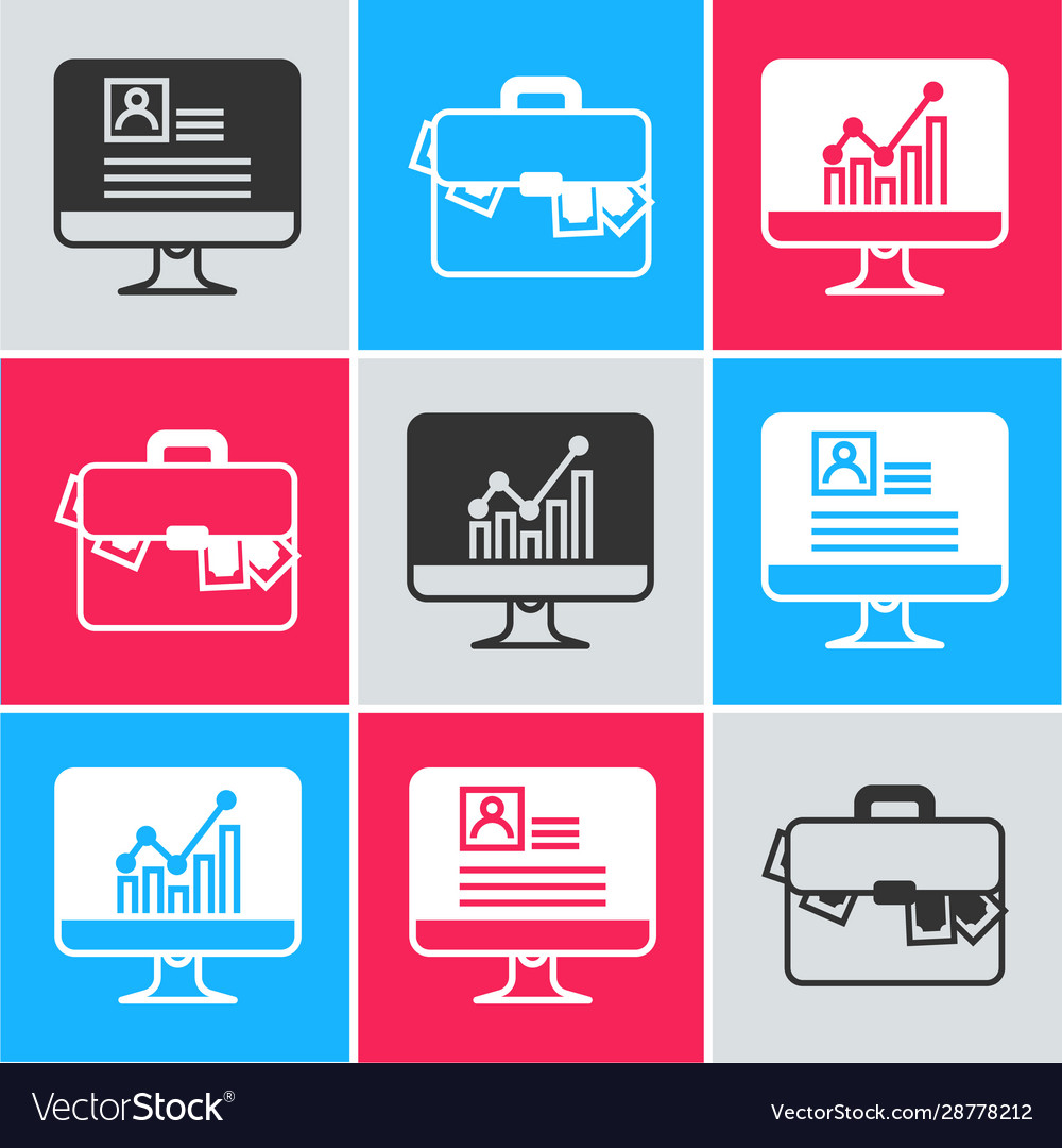 Set computer monitor with resume briefcase vector image Set computer monitor with resume briefcase