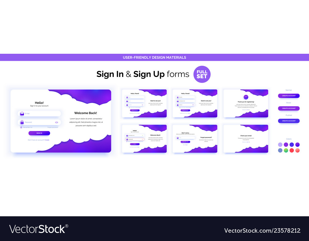 Set of sign up and in forms purple gradient vector image Set of sign up and in forms purple gradient