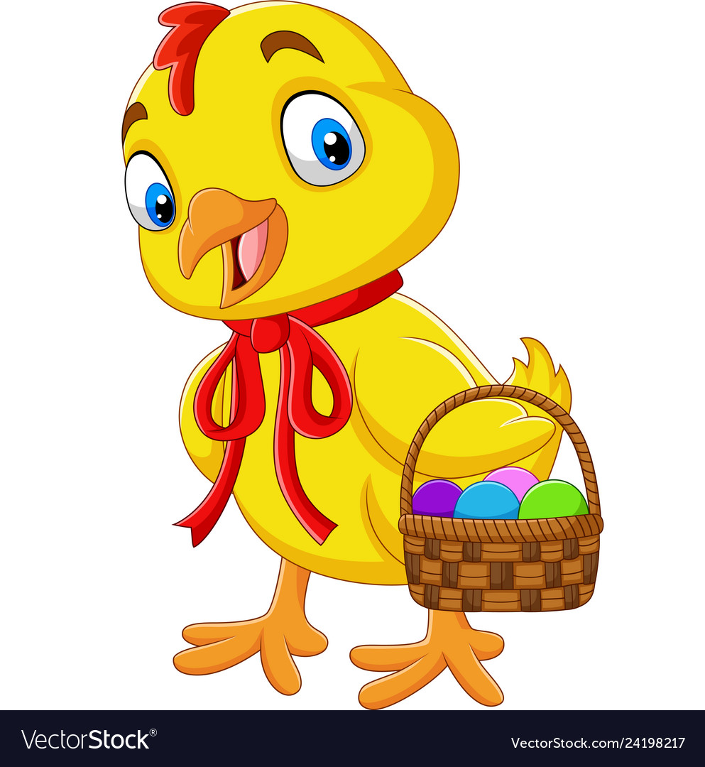 Cartoon baby chick holding a basket of easter egg Vector Image