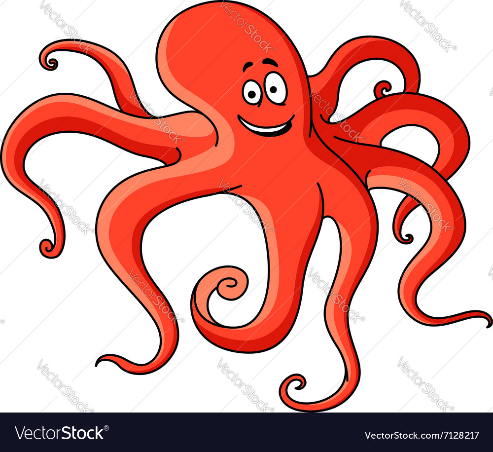 Cartoon red octopus with long tentacles Royalty Free Vector