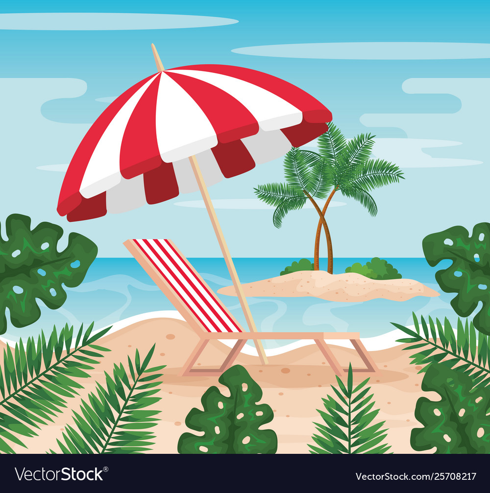 Tanning chair with umbrella and leaves plants Vector Image