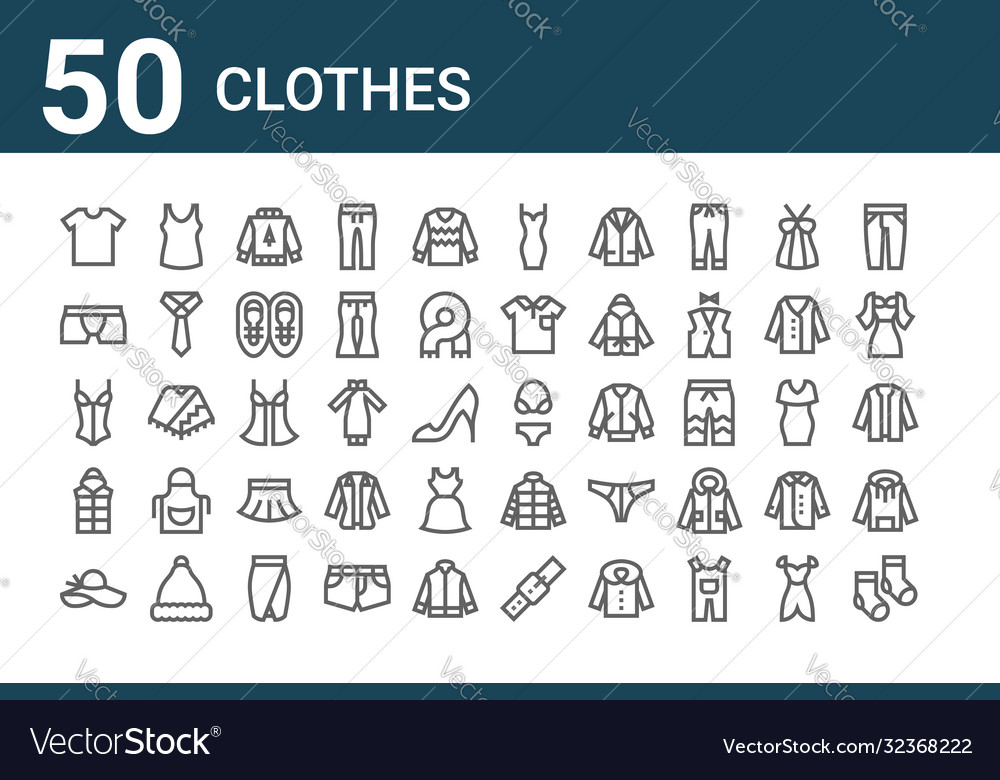 Set 50 clothes icons outline thin line Royalty Free Vector