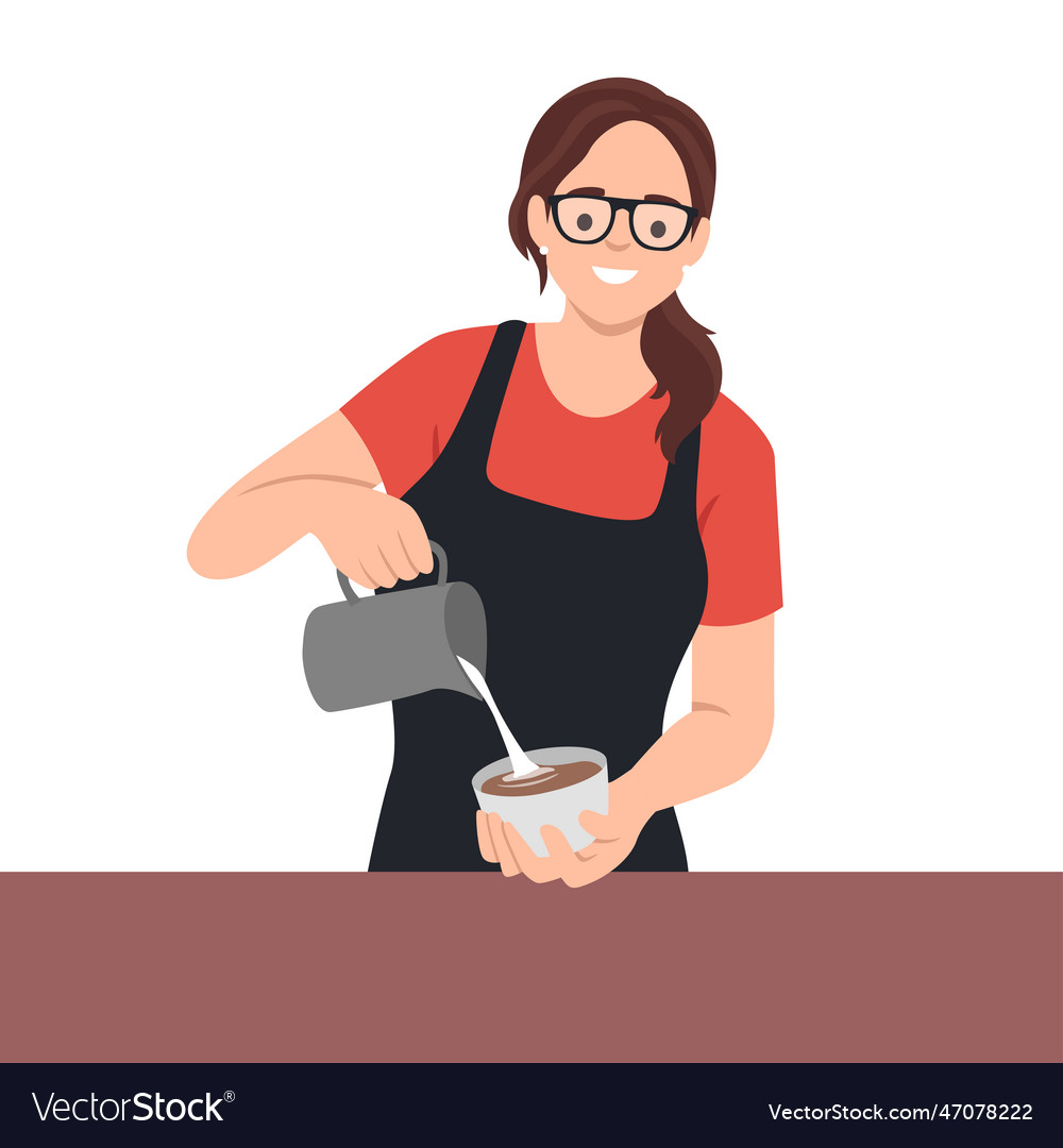 Smiling barista woman serving coffee pour milkin