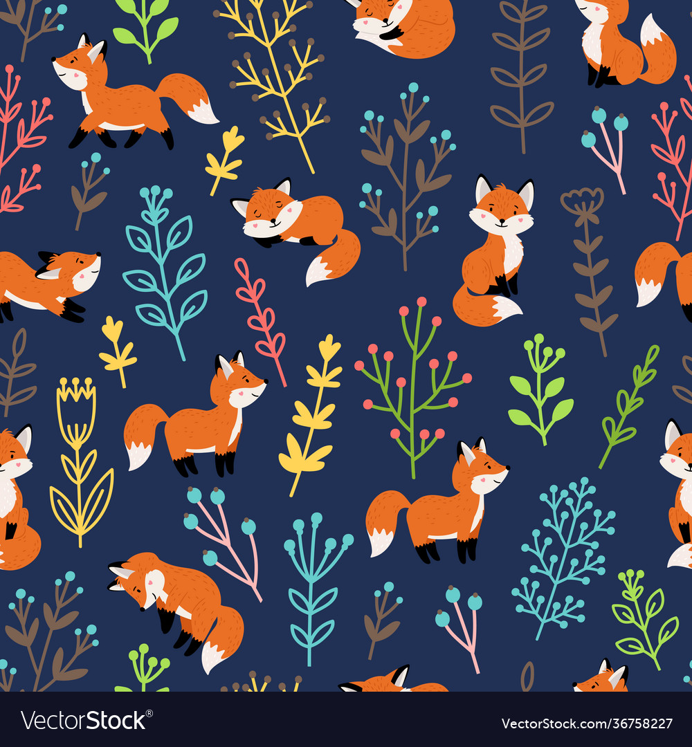 Foxes with branches seamless pattern