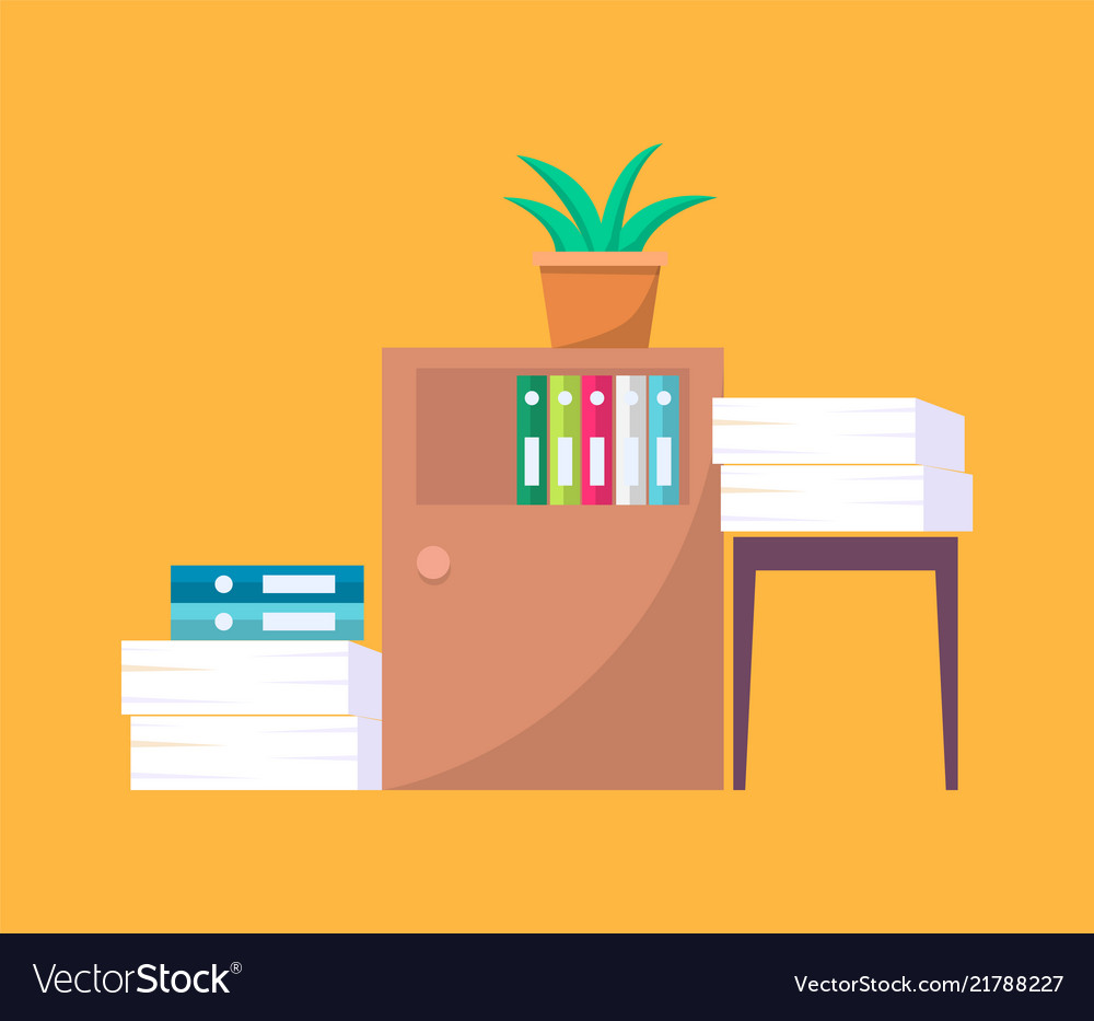 Office tables with folders and piles of documents