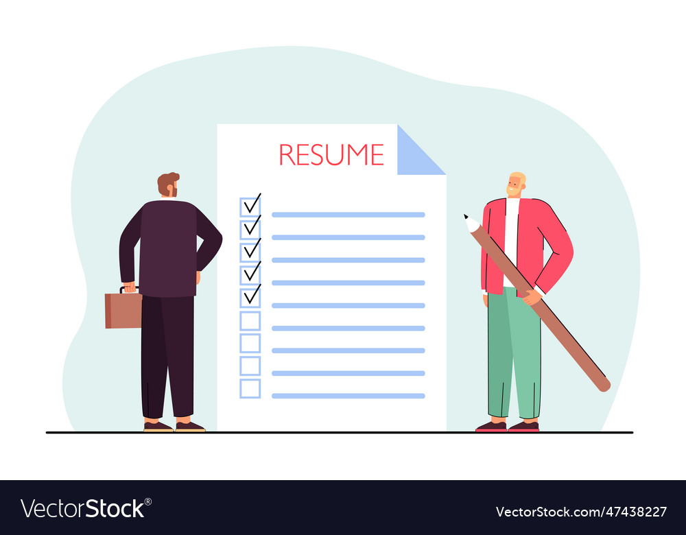 Tiny boss standing in front of resume Royalty Free Vector