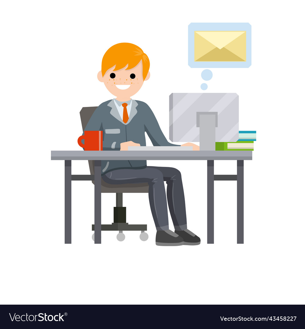 Young man sit at table with computer vector image Young man sit at table with computer