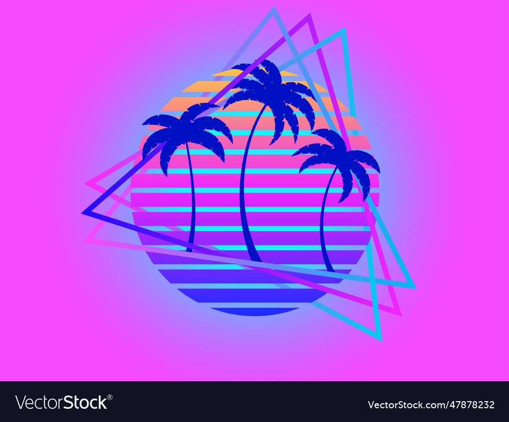 80s retro sci-fi palm trees on a sunset Royalty Free Vector