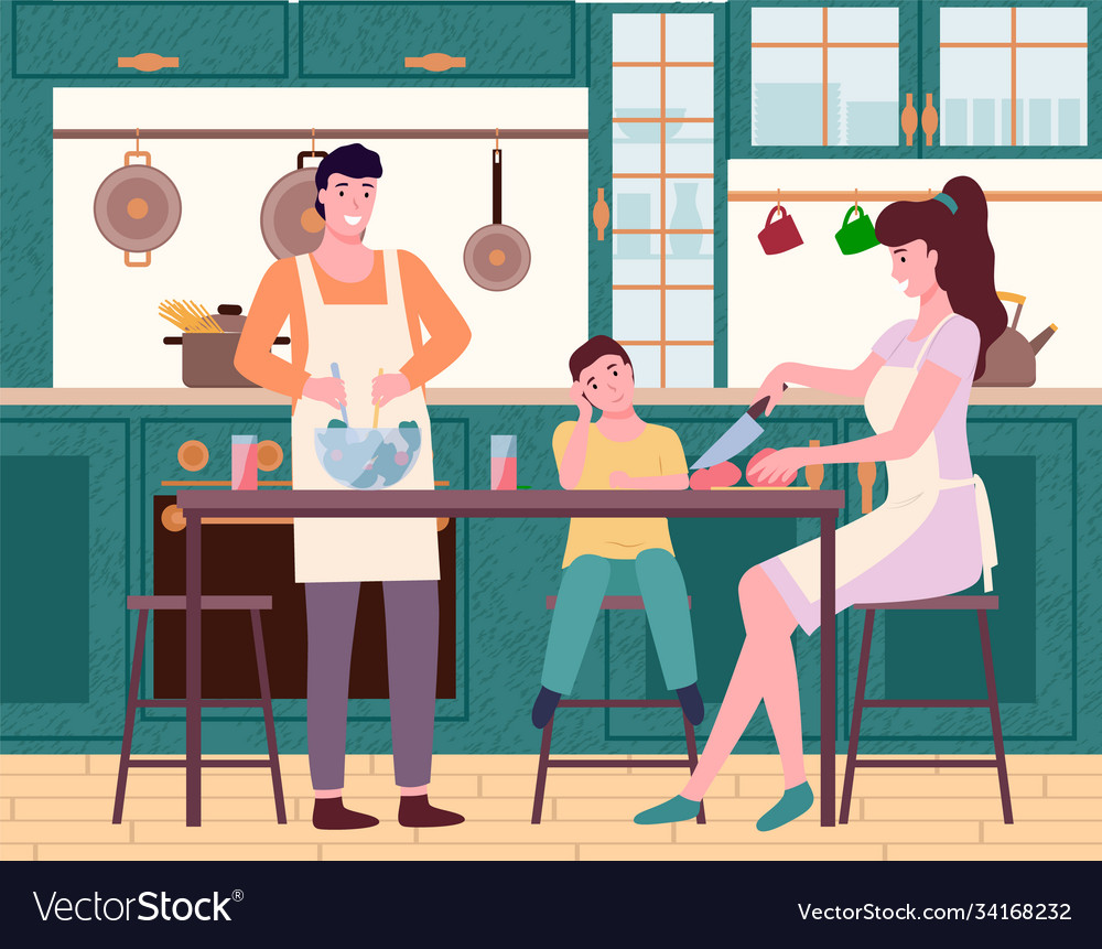 Happy family mom dad and son cooking in kitchen