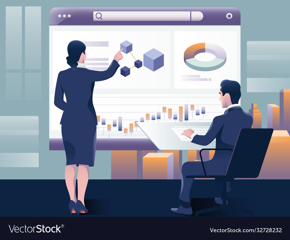 People build a dashboard and interact with graphs vector image People build a dashboard and interact with graphs