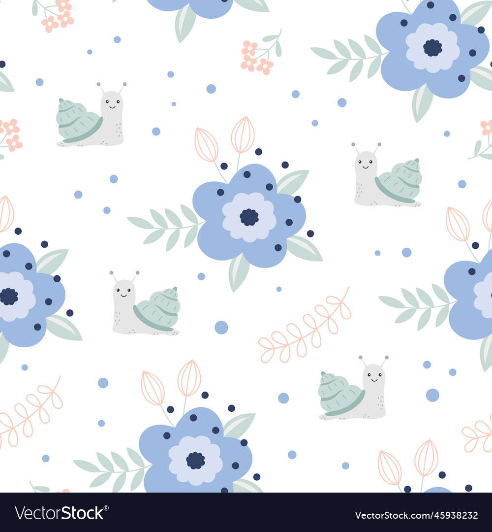 Seamless pattern with flowers and snail