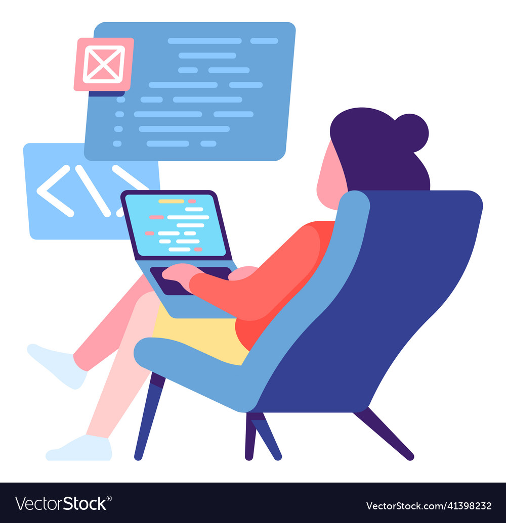 Woman programming on computer screen software vector image Woman programming on computer screen software