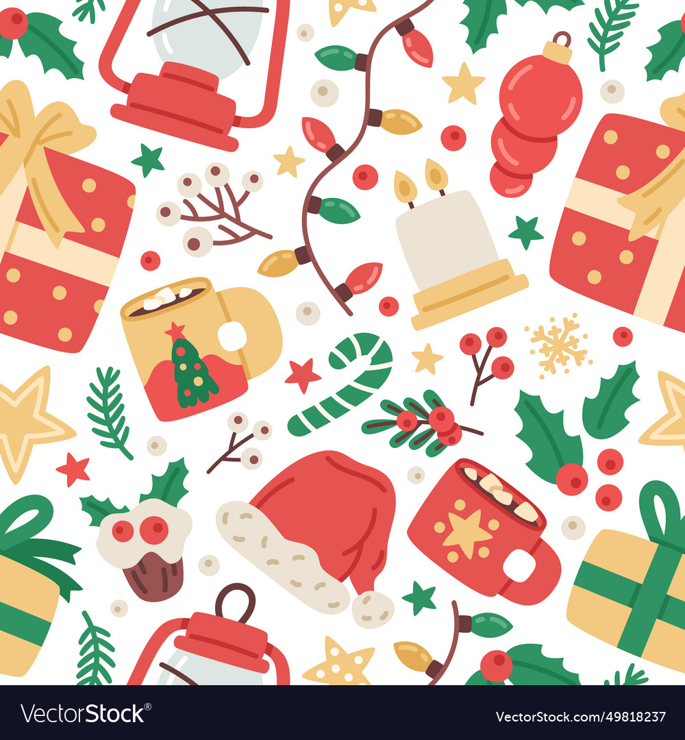 Christmas holiday elements seamless pattern vector image Christmas holiday elements seamless pattern