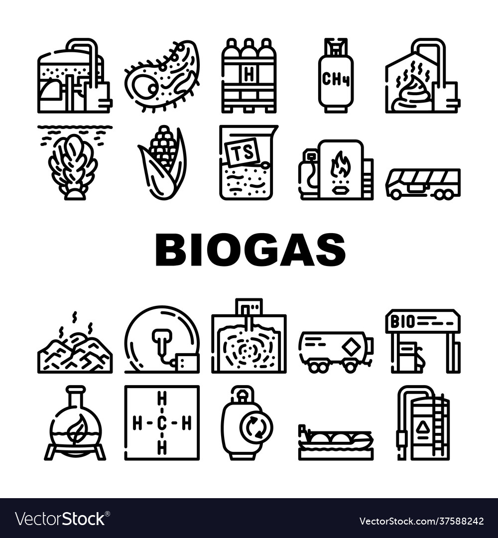 Biogas energy fuel collection icons set Royalty Free Vector