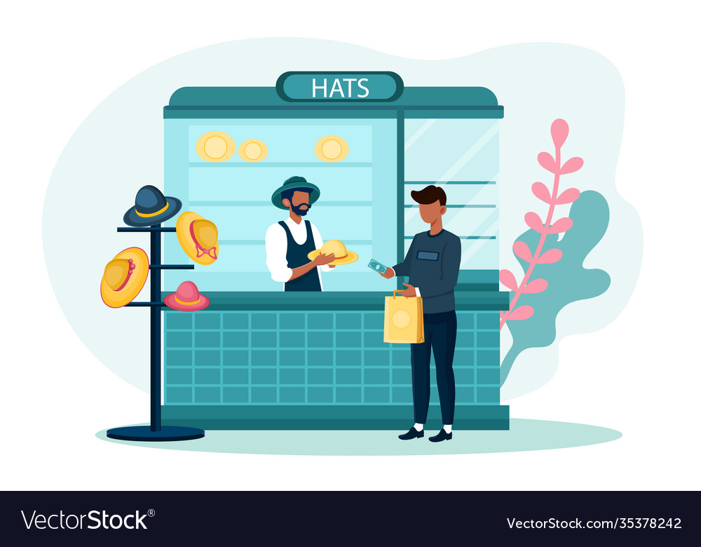 Male character buying hat in shop Royalty Free Vector Image