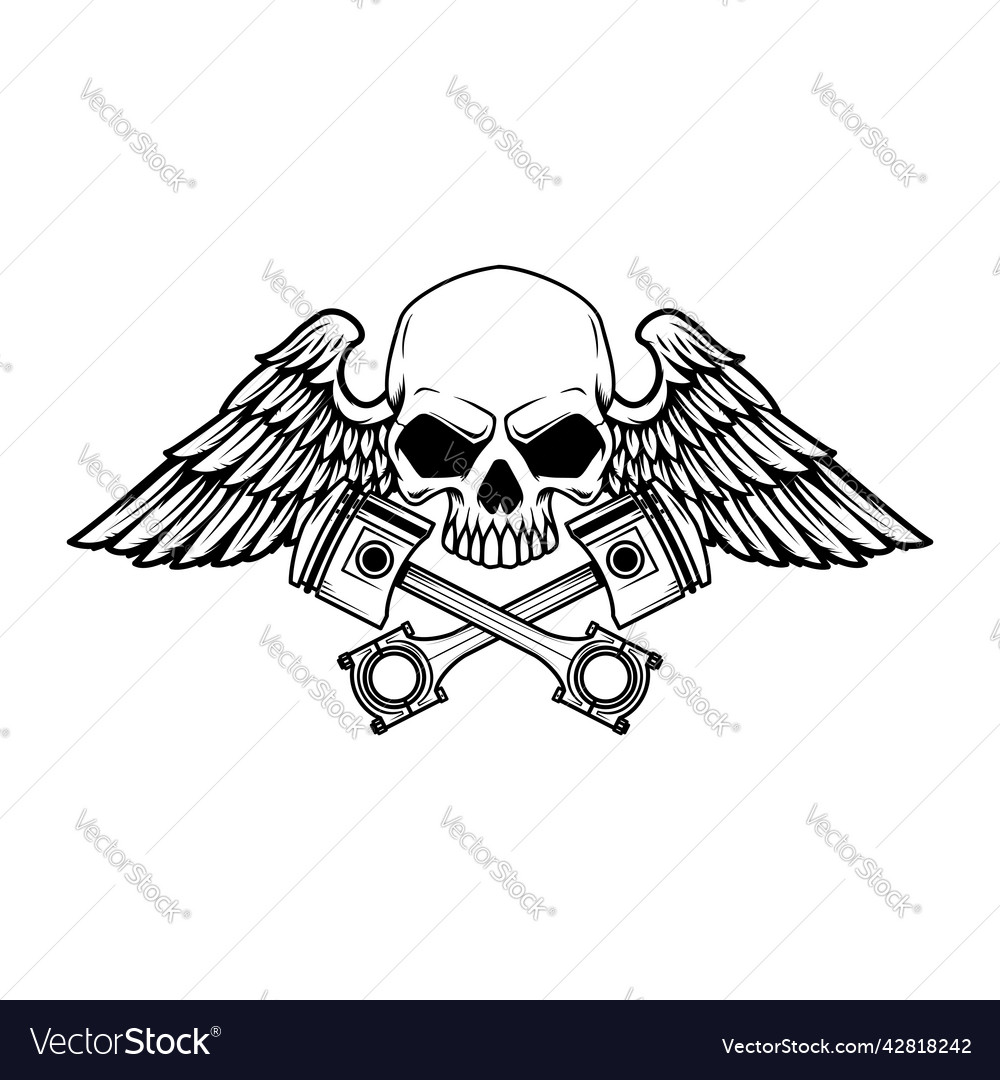 Winged skull with crossed pistons design element Vector Image