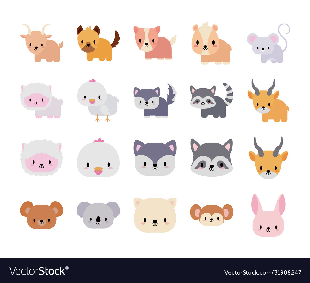 Set icons animals baby kawaii flat style icon