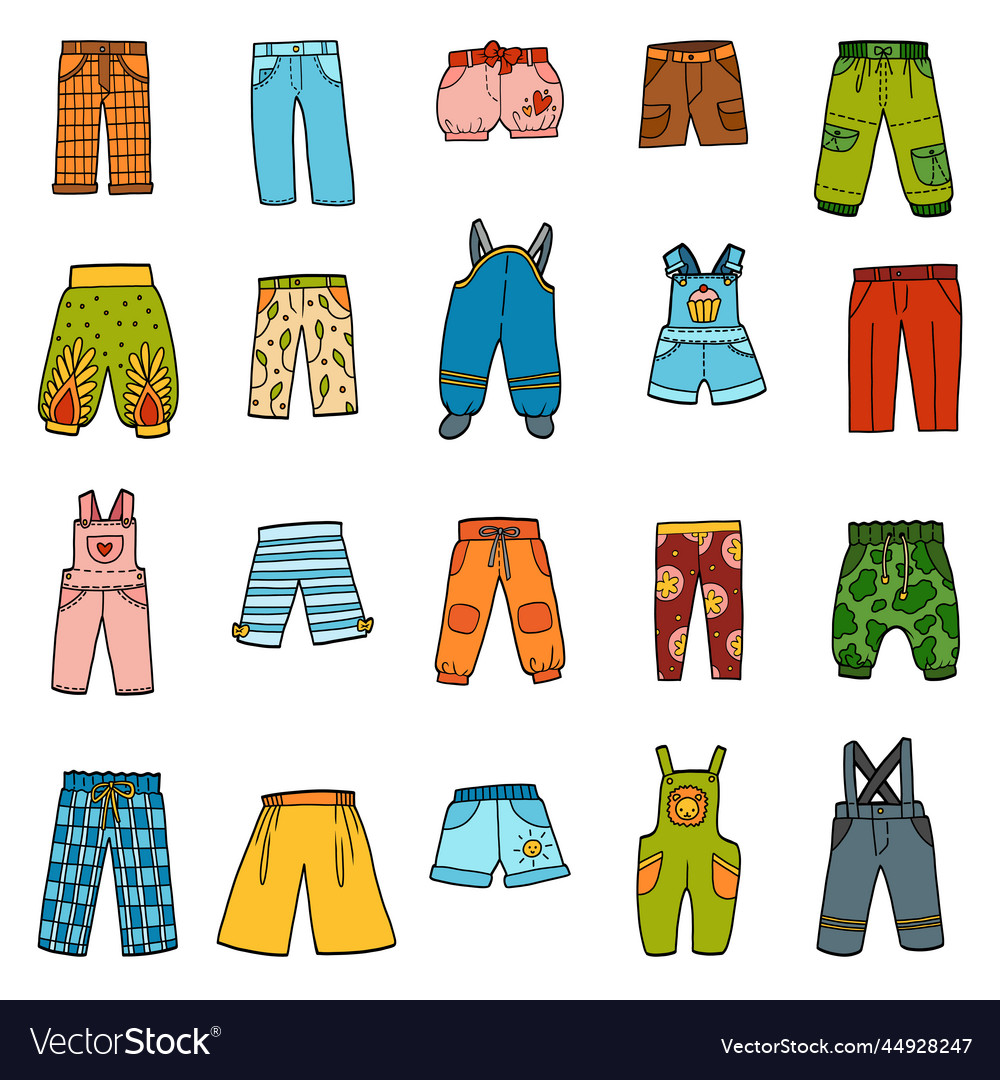 Set of pants color collection of cartoon trousers Vector Image
