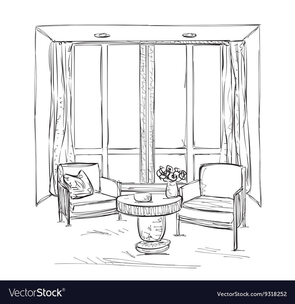 Room interior sketch hand drawn chairs