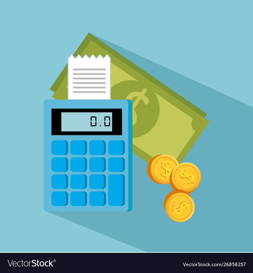 Calculator with invoice report and bills coins vector image Calculator with invoice report and bills coins