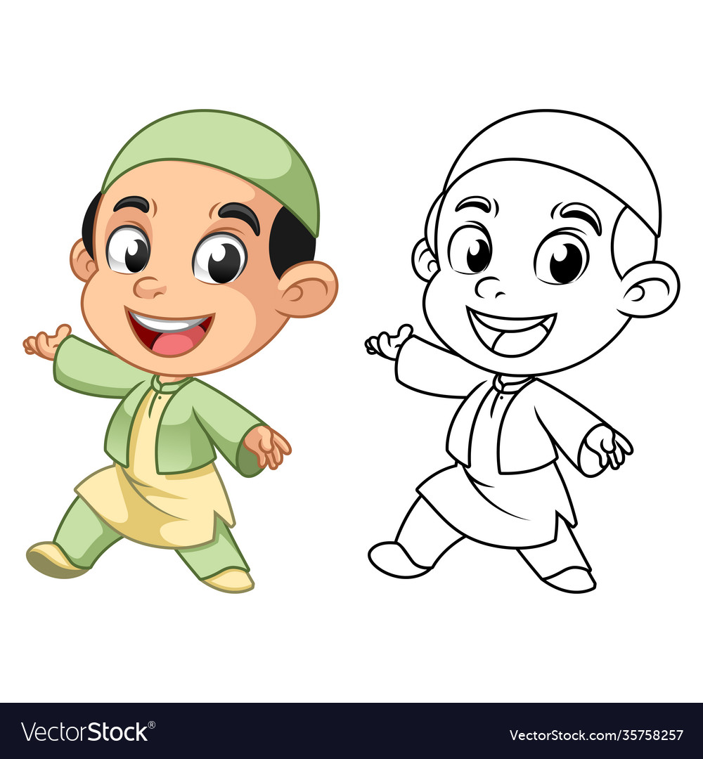 Cute happy muslim boy present something with line