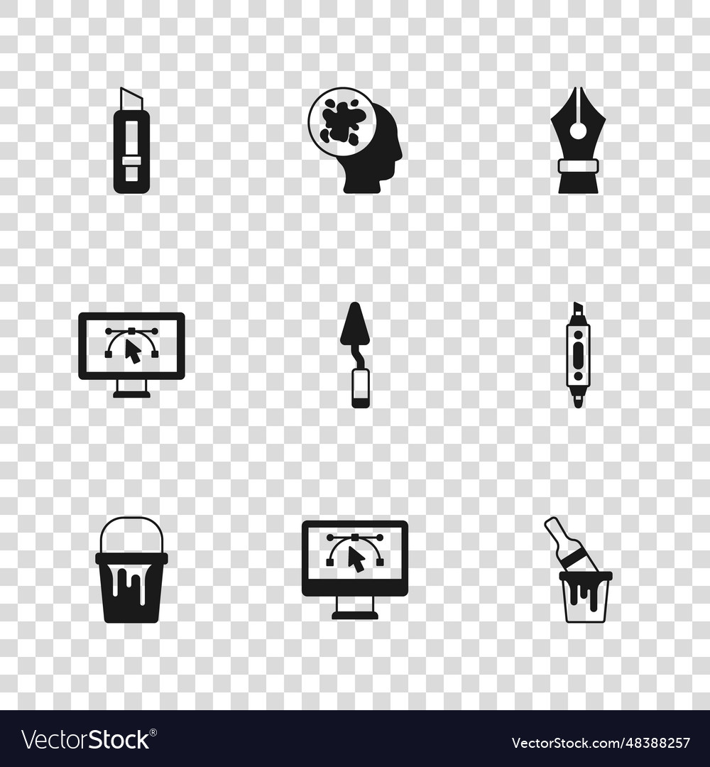 Set computer with design program marker pen paint vector image Set computer with design program marker pen paint