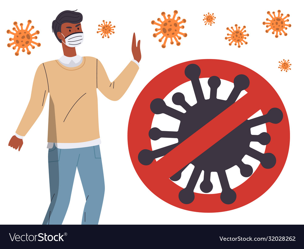 Black man near huge crossed out sign with virus